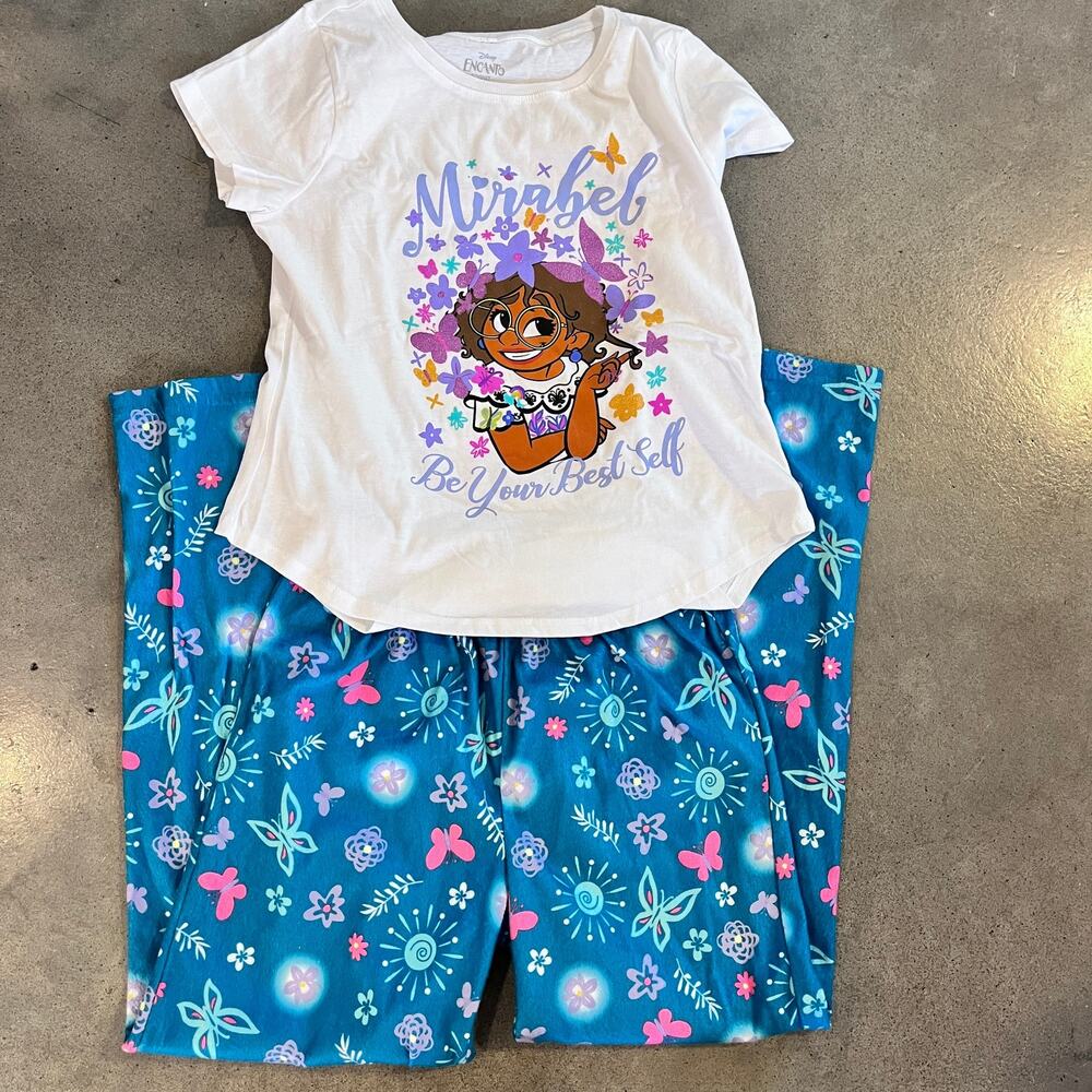 Disney Encanto Mirabel White tee blue fleece pajama pant matching set girls 10